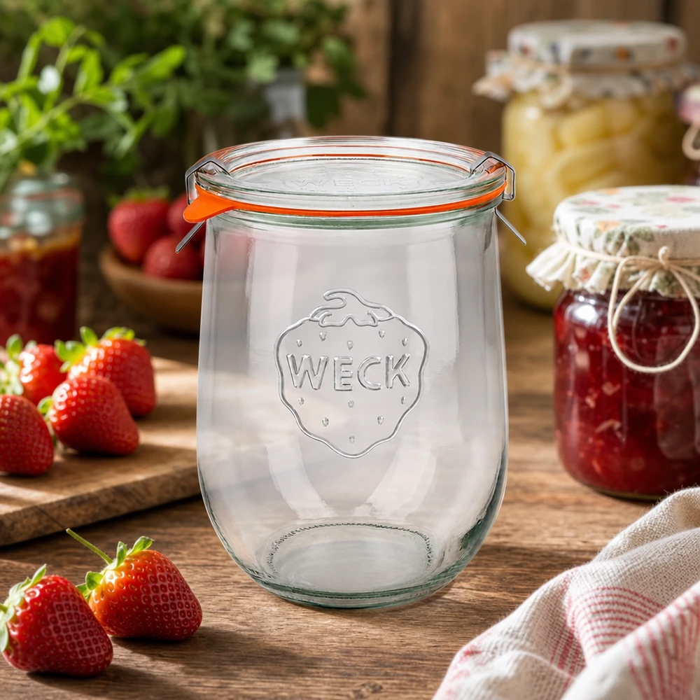 Vaso a tulipano completo da 1062 ml WECK RR100 Vaso a tulipano WECK 1062ml RR100 vuoto con fragole e marmellate fatte in casa su tavolo di legno rustico in cucina
