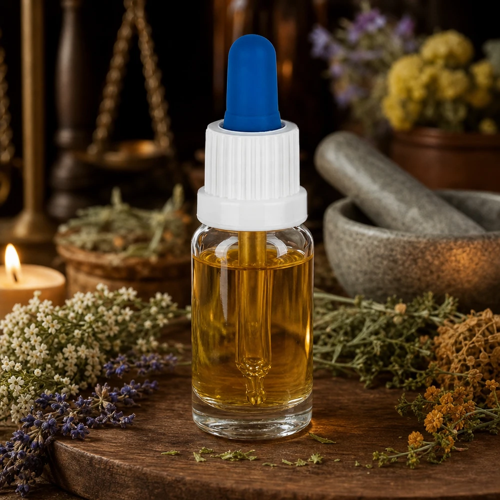 Flacone per pipette da 10 ml bianco/blu OV ClearL. UT18/10 Flacone con pipetta per aromaterapia da 10 ml con mortaio per erbe e bilancia in stile farmacia