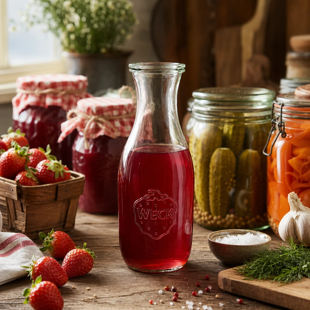 Bouteille à jus de 1 062 ml avec couvercle en verre WECK RR60 WECK Saftflasche 1062ml mit rotem Erdbeersaft gefüllt umgeben von frischen Erdbeeren und Einmachgläsern in Küche