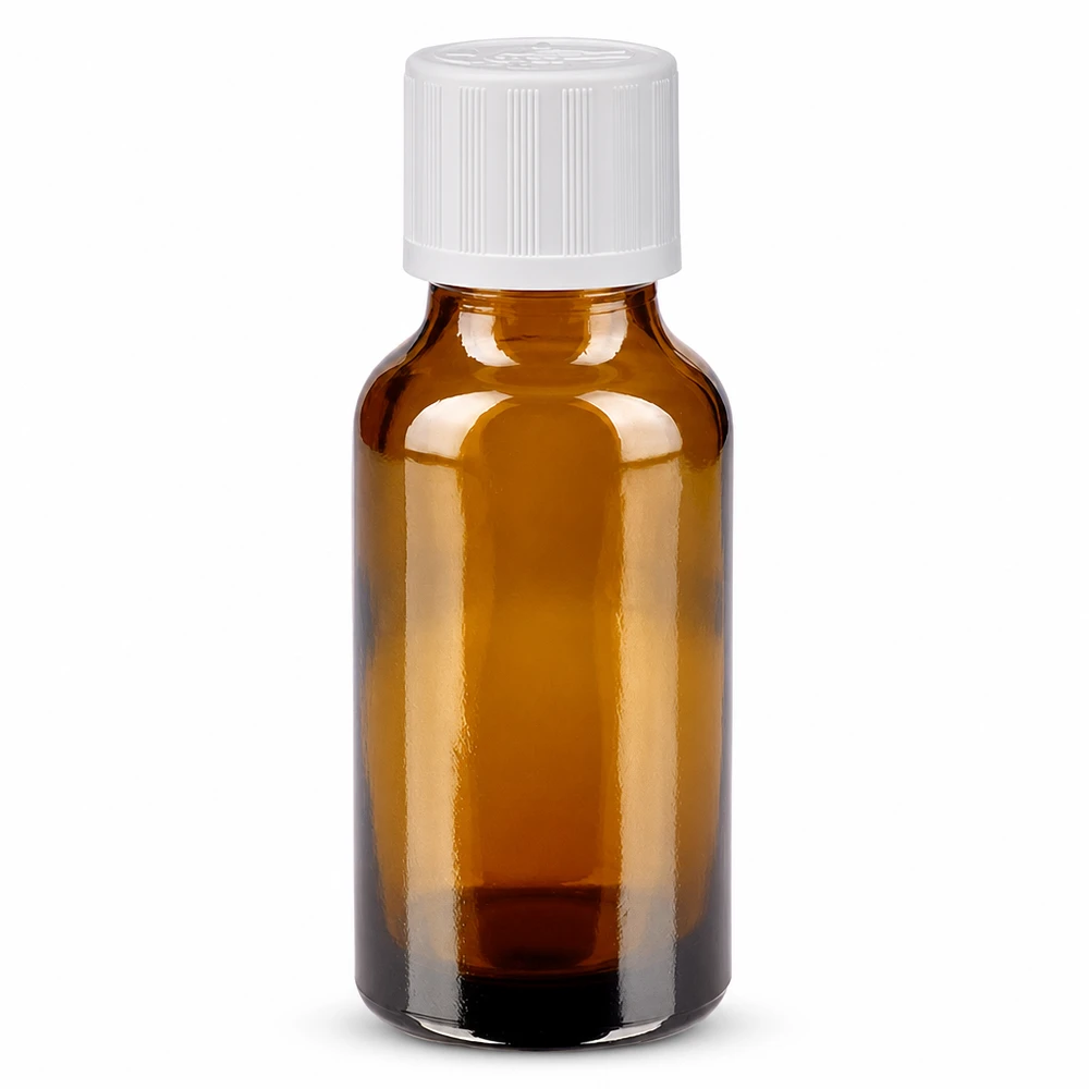 Kompakte 20ml Apothekenfl. aus braunem Glas mit weißem Sicherheitsverschluss 11mm
