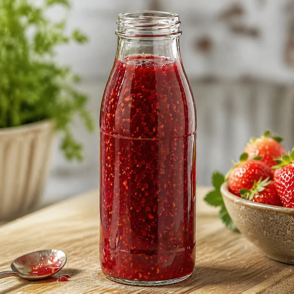 Bottiglia di vetro da 500 ml senza coperchio TO48 UNiTWIST riempita di marmellata rossa accanto a fragole fresche su un tavolo di legno