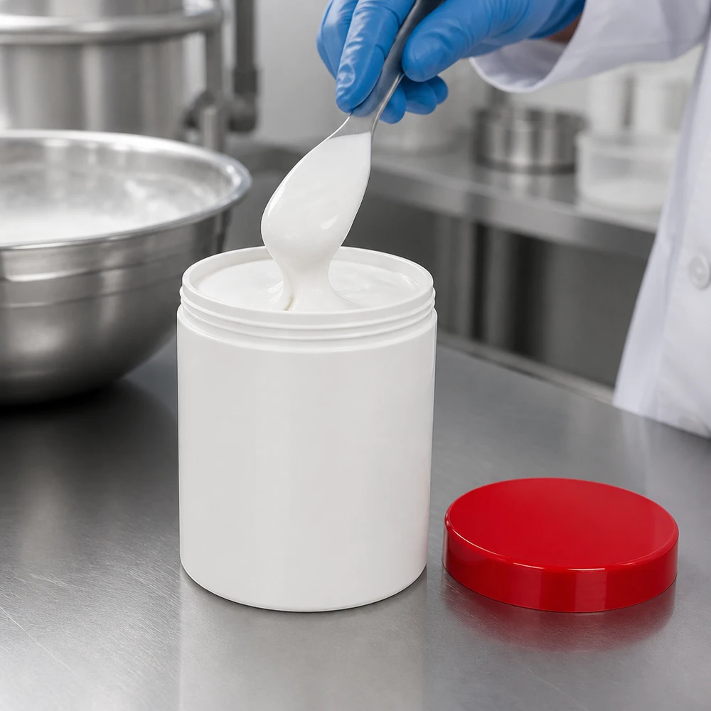 Pot en PP de 300 g, blanc, avec couvercle rouge, adapté au contact alimentaire, pour pommades et crèmes