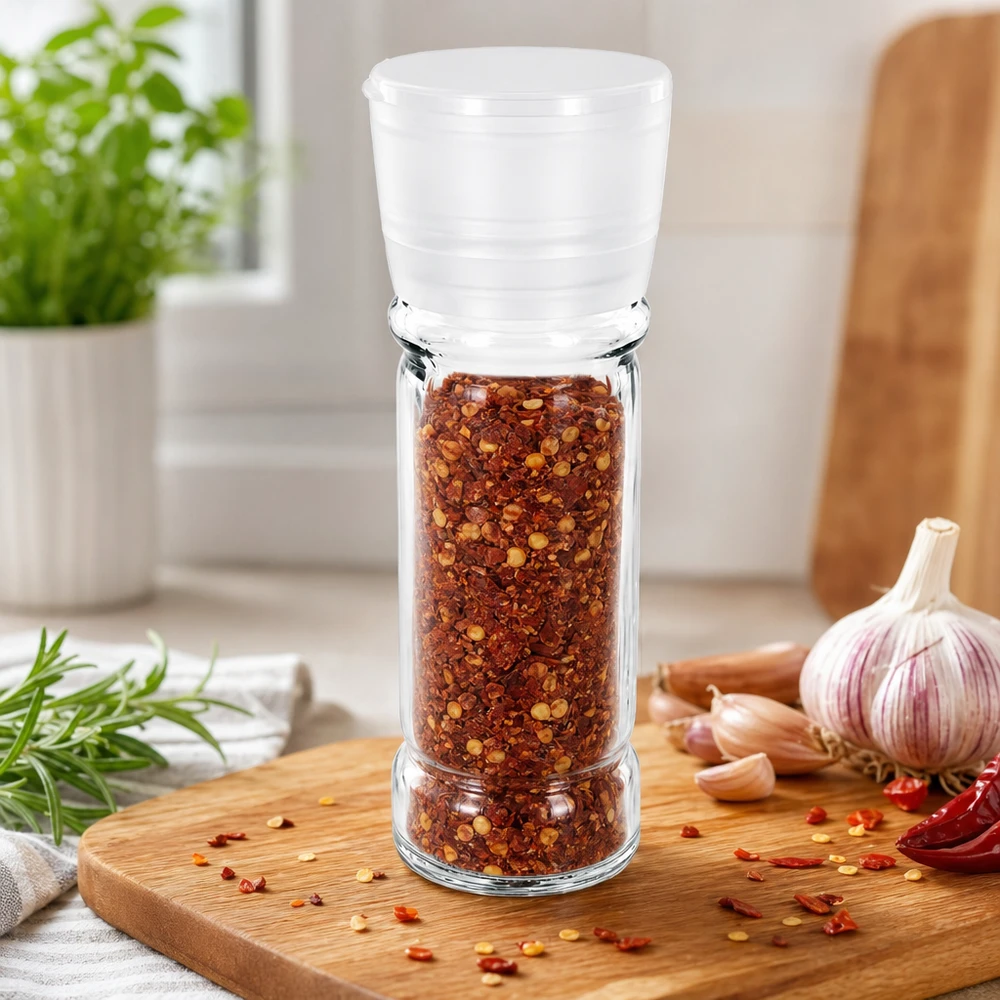 Pot à sel/épices 100 ml avec moulin Vario blanc Nachfüllbares Gewürzglas 100ml mit Mühle Vario für frisch gemahlene Chilipflocken