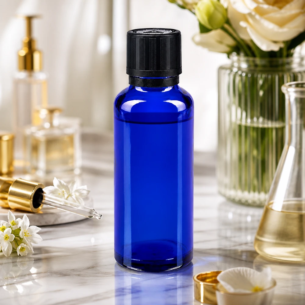 Flacon de pharmacie bleu cobalt de 30 ml avec bouchon KiSi, posé sur du marbre et entouré de flacons de cosmétiques