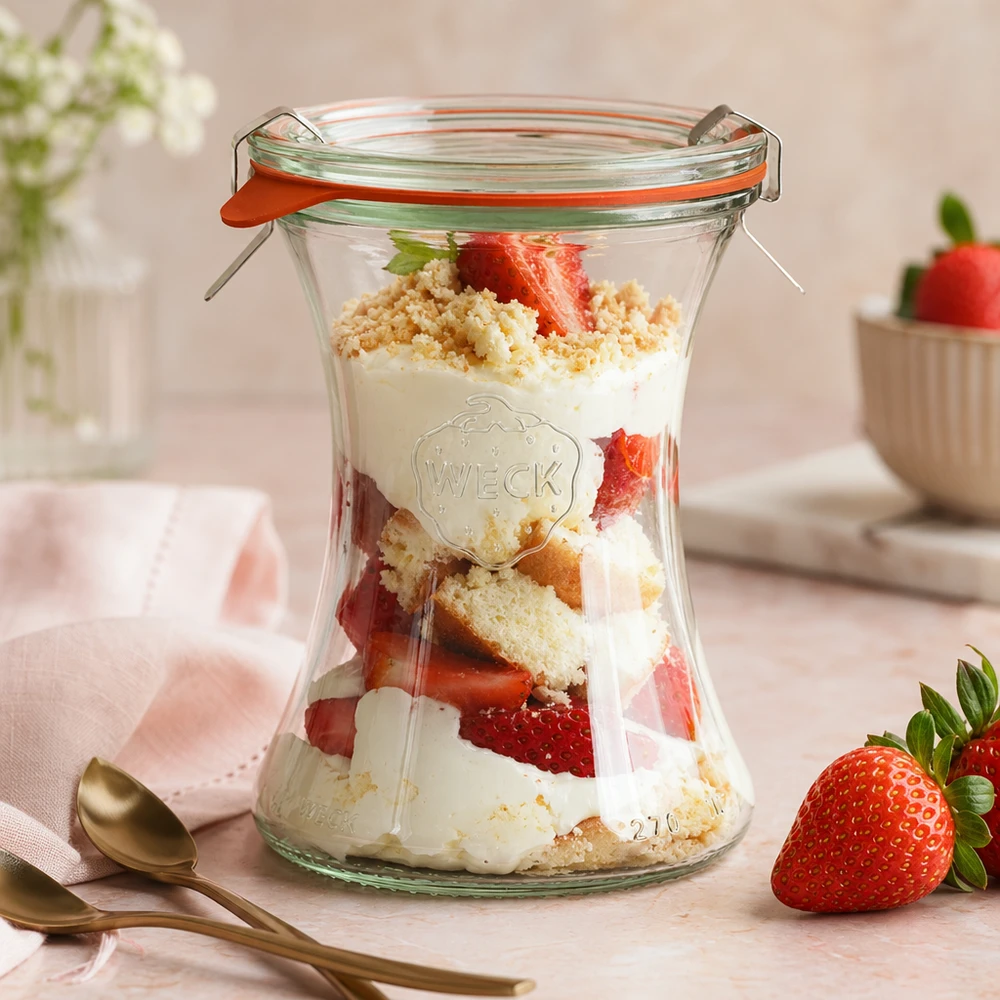 Barattolo da 370 ml della linea WECK RR80 WECK barattolo da 370 ml con dessert alla fragola dessert a strati dessert allo yogurt briciole rosa ambiente dessert in barattolo