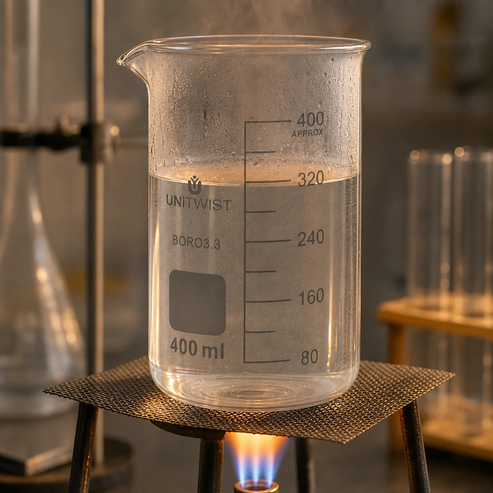 Bicchiere 400ml borosilicato, stampo alto UNITWIST Bicchiere da laboratorio UNITWIST da 400 ml in vetro borosilicato, di forma alta, riscaldato sopra un becco Bunsen su una griglia metallica