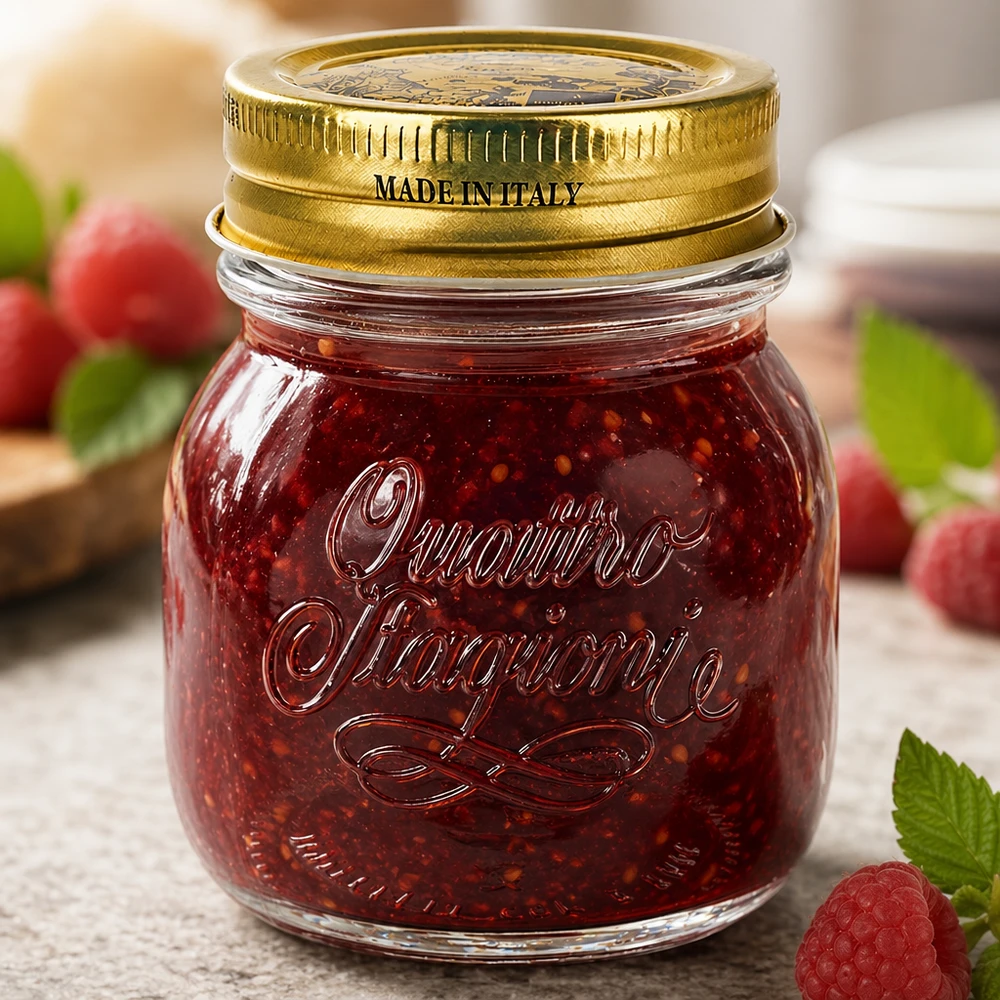 Barattolo rotondo Quattro Stagioni da 150 ml con coperchio dorato Made in Italy con confettura rossa e frutti di bosco freschi
