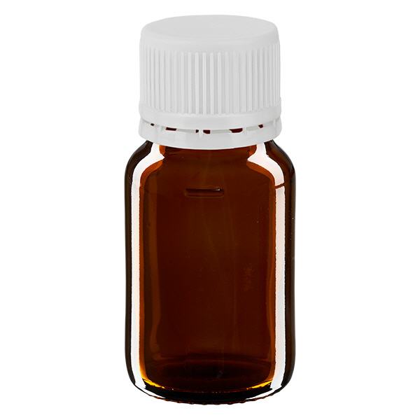 Flacone per medicinali da 30 ml marrone, tappo bianco con sigillo antimanomissione Flacone per medicinali da 30 ml marrone, tappo bianco con sigillo antimanomissione