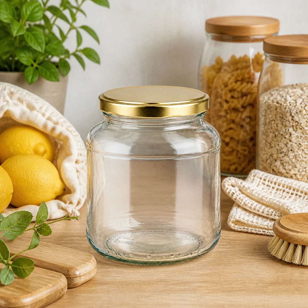 370ml Ovalglas mit BasicSeal Deckel gold UNiTWIST 370ml Ovalglas leer mit goldenem BasicSeal Deckel UNiTWIST in natürlicher Küchenumgebung mit Zitronen und Kräutern