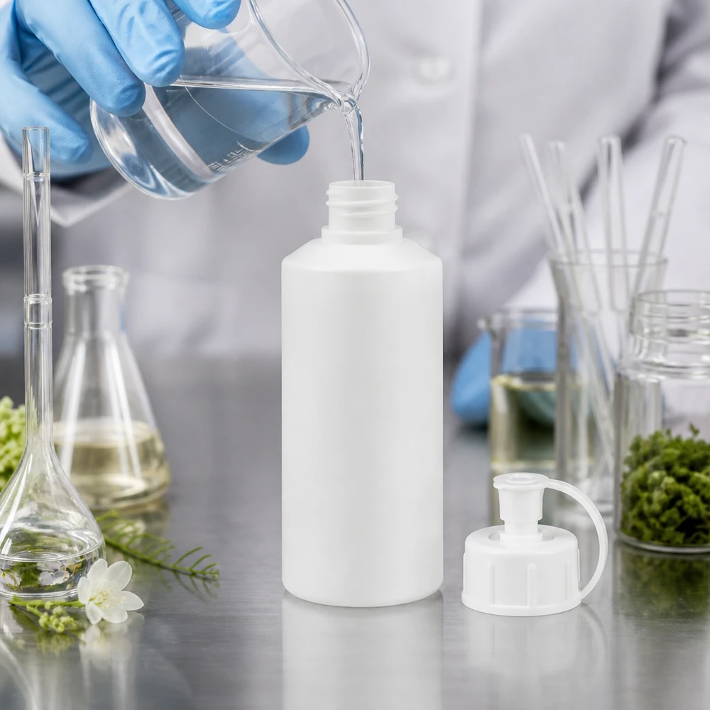 Flacon à usage pharmaceutique HDPE 30ml blanc avec bouchon pissette blanc Conditionnement de cosmétiques naturels dans un flacon de pharmacie blanc en PEHD de 30 ml muni d'un bouchon pulvérisateur, en milieu de laboratoire