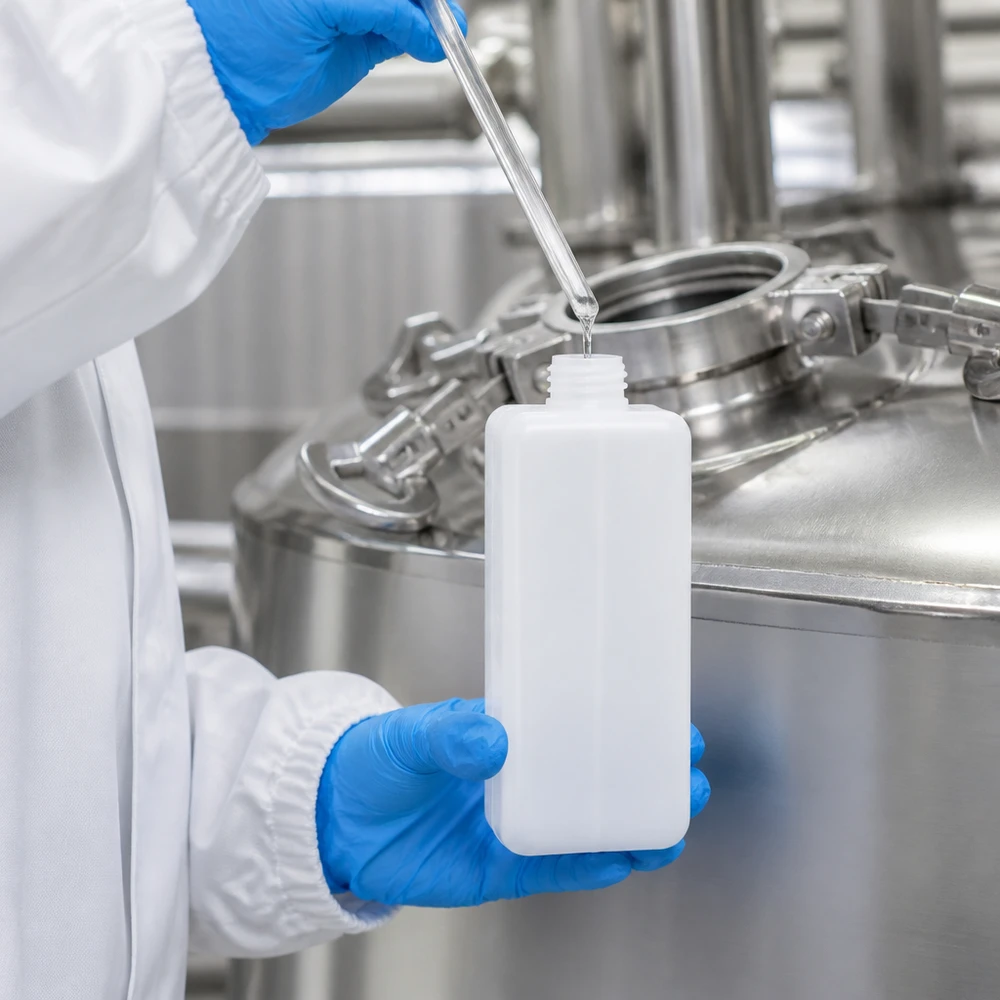 Flacon pour produits chimiques de 1 000 ml à col étroit GL 32 en PE-HD utilisé pour le prélèvement d'échantillons liquides dans un réservoir en acier inoxydable