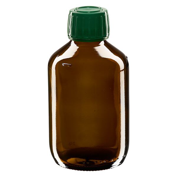 Flacone per medicinali da 200 ml marrone, tappo verde con chiusura antimanomissione Flacone per medicinali da 200 ml marrone, tappo verde con chiusura antimanomissione