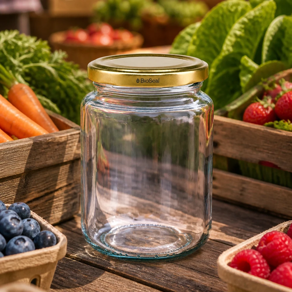 UNiTWIST Runda382 vaso per conserve su tavolo di legno con frutta e verdura fresca, coperchio dorato TO66 BioSeal, cucina di campagna