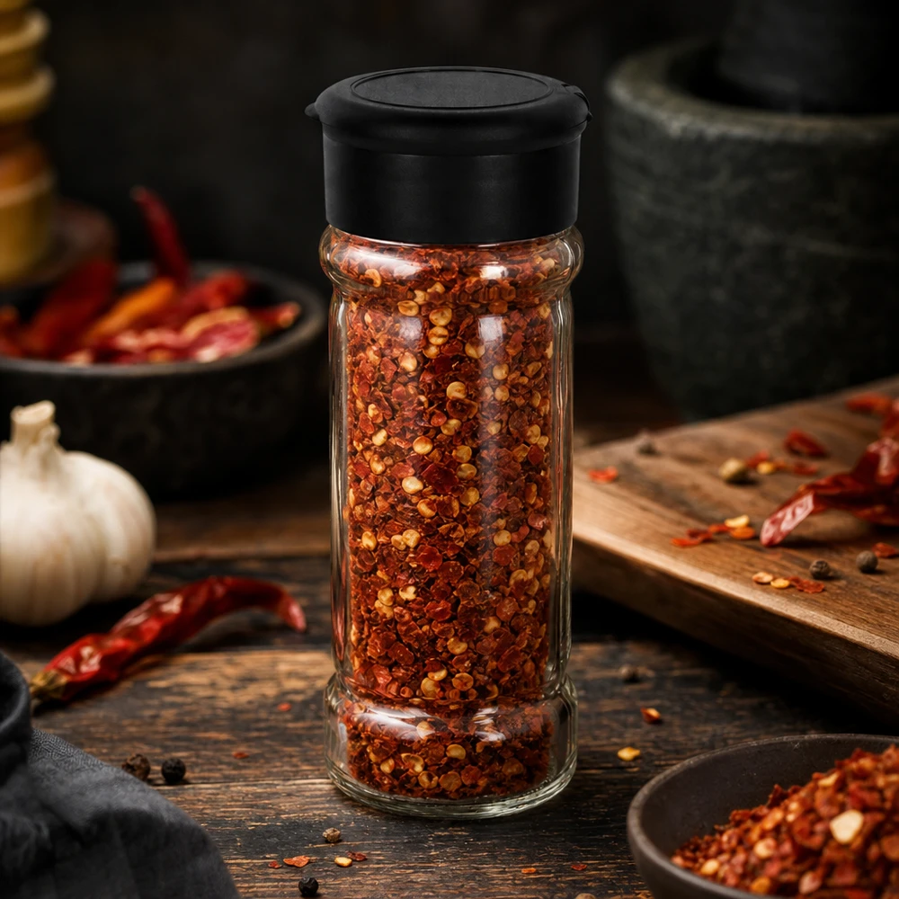 Pot à sel/épices 100 ml avec saupoudreuse, noir Transparentes Streuglas 100ml neben Mörser und Chilischoten auf dunklem Holztisch