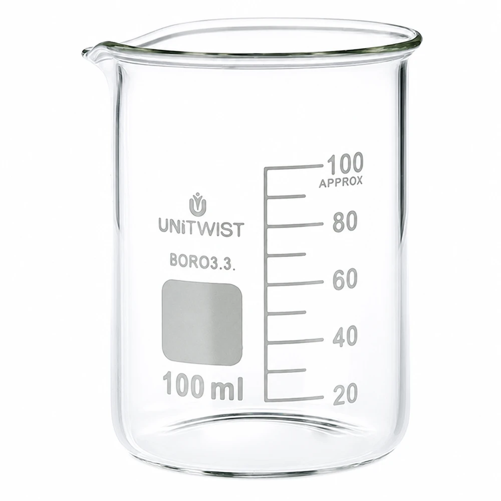 Bicchiere 100ml borosilicato, stampo basso UNiTWIST Bicchiere da 100 ml in borosilicato, di forma bassa, della UNiTWIST con scala in millilitri