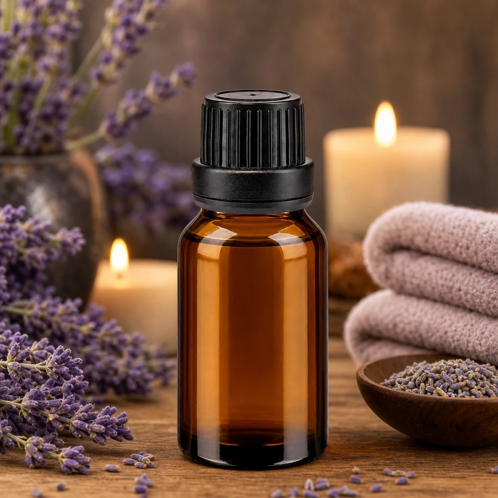 Flacon de pharmacie brun 15ml bouchon vissable noir bouchon inviolabilité Flacon de pharmacie brun de 15 ml, agrémenté de lavande et de bougies, disposé dans une ambiance de spa apaisante