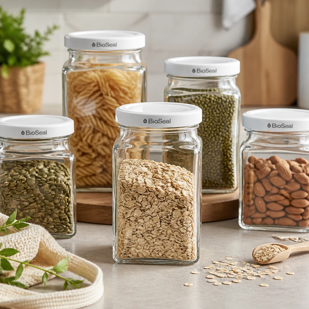 UNiTWIST Set di barattoli Tetra260 con fiocchi d'avena fagioli mung noodles mandorle bianco TO58 Coperchio BioSeal Pantry Organisati