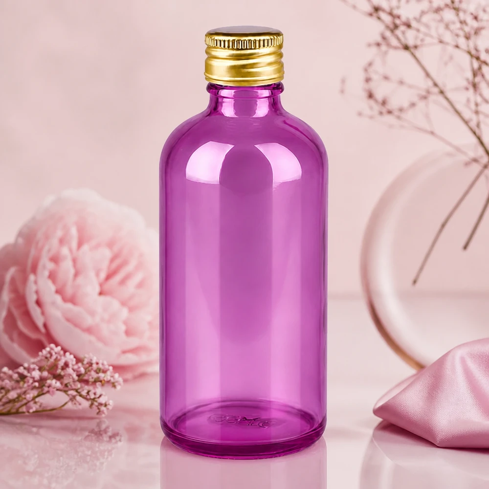 Pratico flacone da 100 ml in vetro viola colorato con tappo sicuro per applicazioni mobili
