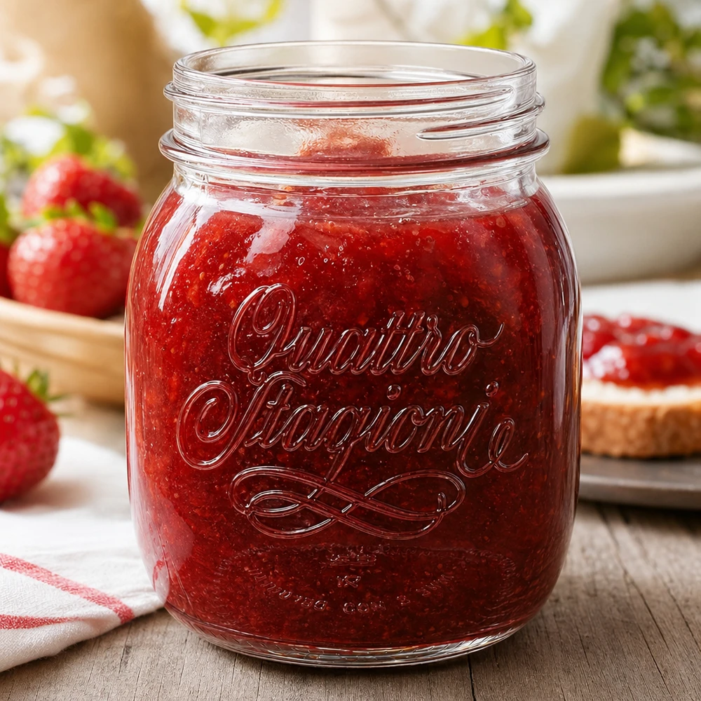 Bicchiere da 700 ml per uso domestico "Quattro Stagioni Vasetto casalingo Quattro Stagioni da 700 ml pieno di marmellata rossa accanto a fragole fresche su un tavolo di legno