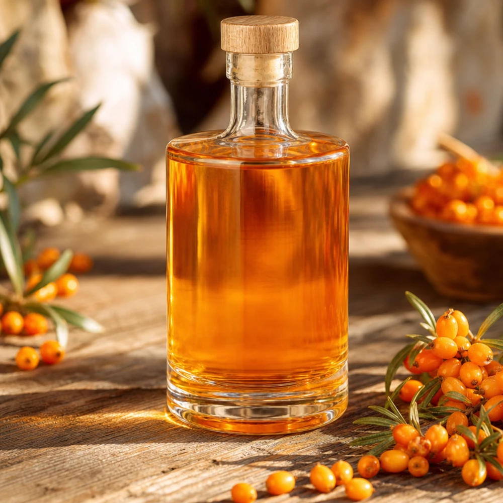 Bottiglia in vetro da 500 ml 500ml Glasflasche "Marie" mit Holzgriff-Korken UNiTWIST con tappo in sughero con impugnatura in legno UNiTWIST® Bottiglia in vetro da 500 ml Marie riempita di liquore all'olivello spinoso - tappo in legno UNiTWIST - immagine decorativa con bacche di olivello spinoso