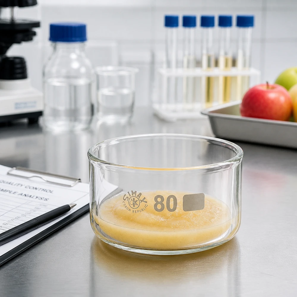 Piatto per cristallizzazione da 150 ml senza beccuccio Bo. ø80mm Vaschetta di cristallizzazione da 80 mm con un campione giallastro nel laboratorio alimentare, accanto a mele e provette
