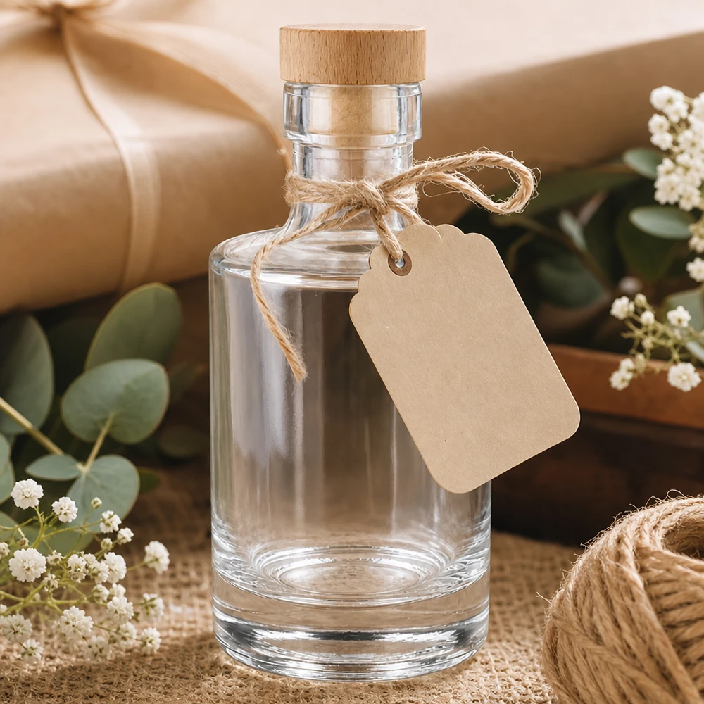 Bottiglia in vetro da 200 ml Marie vuota con tappo in legno, etichetta in carta kraft, confezione regalo con eucalipto e gypsophila