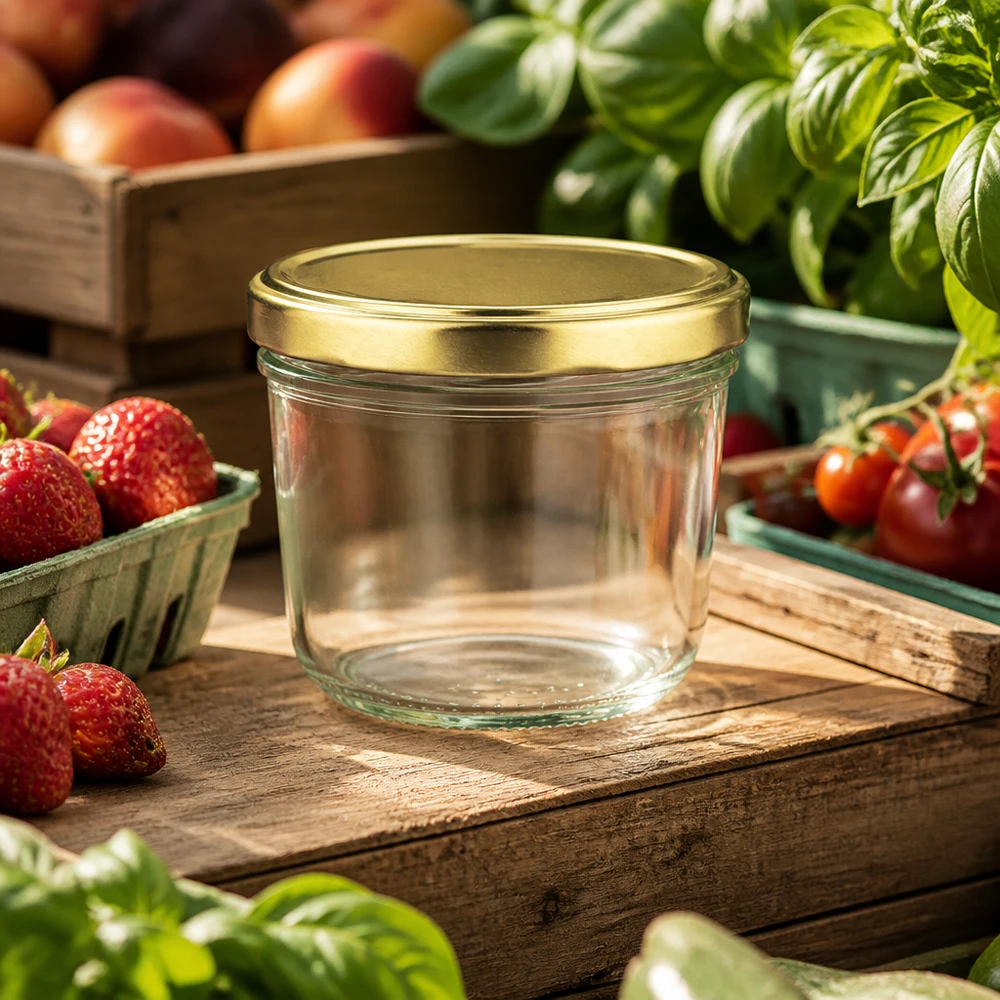 230ml Sturzglas mit BasicSeal Deckel gold UNiTWIST 230ml Sturzglas mit goldenem BasicSeal Deckel auf rustikalem Holzbrett umgeben von frischen Erdbeeren und Tomaten