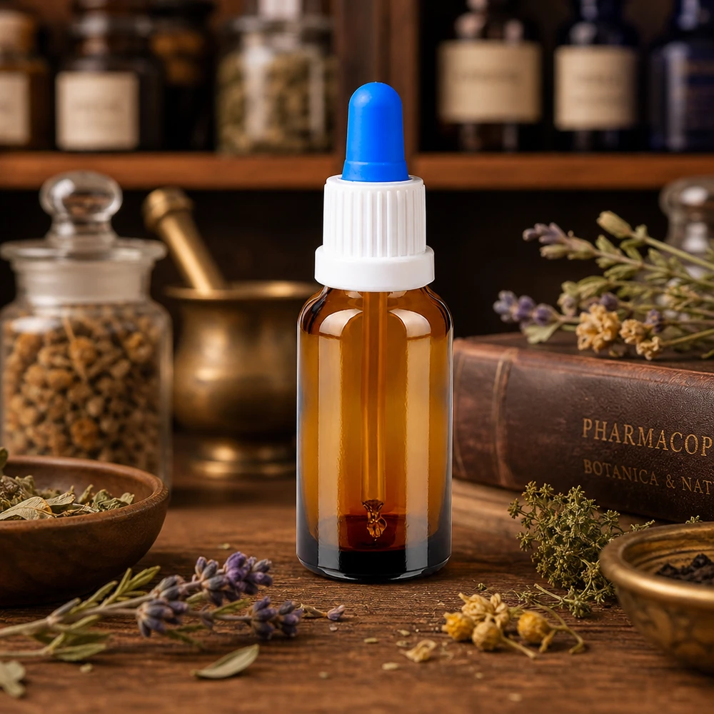 Flacone in vetro ambrato resistente ai raggi UV da 20 ml con tappo bianco di sicurezza per bambini e pipetta blu