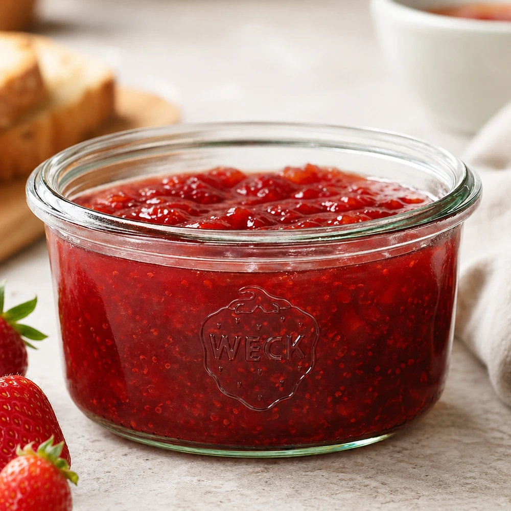 Barattolo con collo inclinato WECK RR80 da 165 ml Barattolo WECK RR80 da 165 ml riempito di marmellata di fragole rosse su un tavolo di legno bianco accanto a fragole fresche e pane