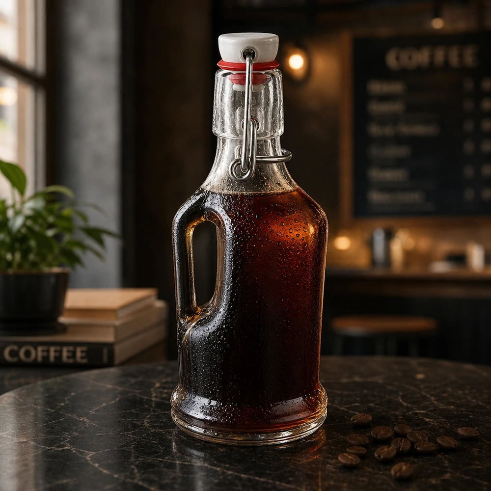 Bottiglia in vetro da 200 ml Bertha con tappo a clip in PVC UNiTWIST® 200ml Glasflasche Bertha mit dunklem Kaffee-Sirup befüllt, Bügelverschluss UNiTWIST, Coffeeshop-Atmosphäre