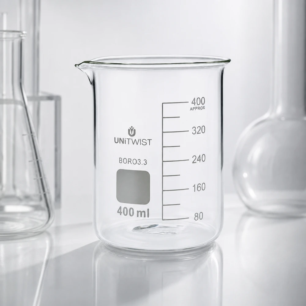 Bicchiere 400ml borosilicato, stampo basso UNiTWIST Bicchiere da laboratorio UNiTWIST vuoto da 400 ml in borosilicato 3.3, di forma bassa, con graduazione precisa in ml