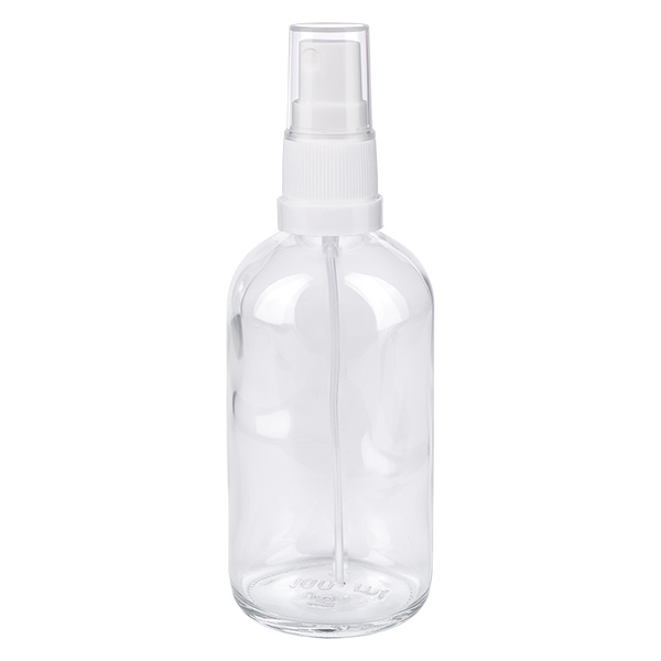 Flacone spray da 100 ml bianco/trasparente STD ClearLine UT18/100 Flacone spray da 100 ml in vetro trasparente con erogatore bianco, serie ClearLine