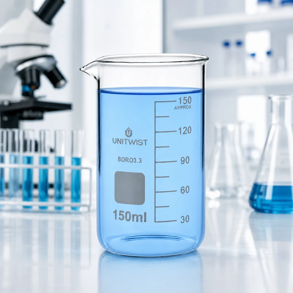 Bicchiere 150ml in borosilicato, forma alta UNITWIST Immagine di laboratorio: becher UNITWIST da 150 ml, forma alta, in borosilicato, riempito con un liquido blu