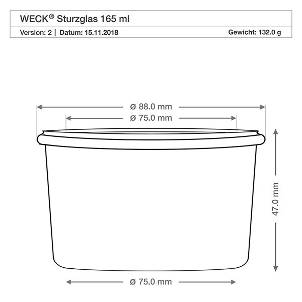 Barattolo con collo inclinato WECK RR80 da 165 ml Disegno tecnico dei tumbler WECK RR80 da 165 ml con dimensioni 88 mm di diametro 47 mm di altezza 132 g di peso