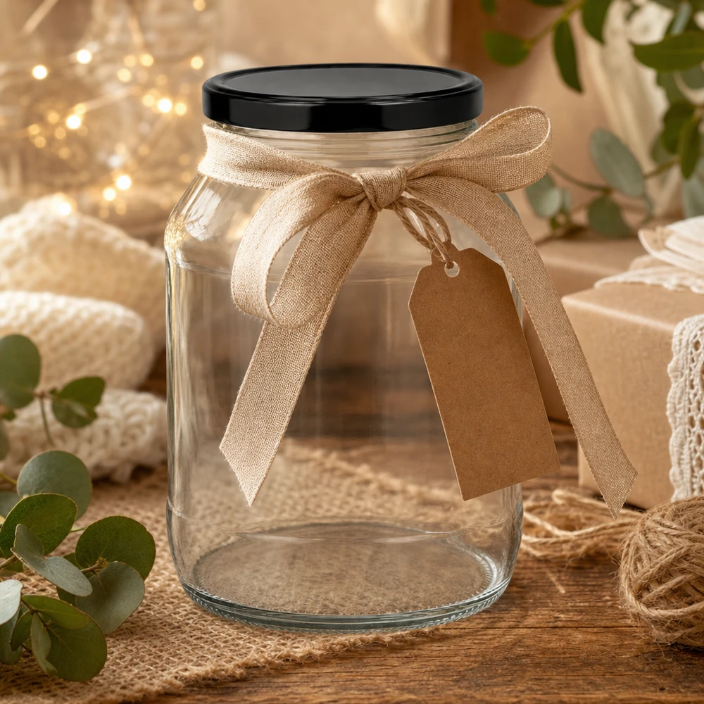 Grande vaso rotondo da 2650 ml con coperchio nero in regalo, decorato con un fiocco beige e un ciondolo in un'atmosfera rustica.