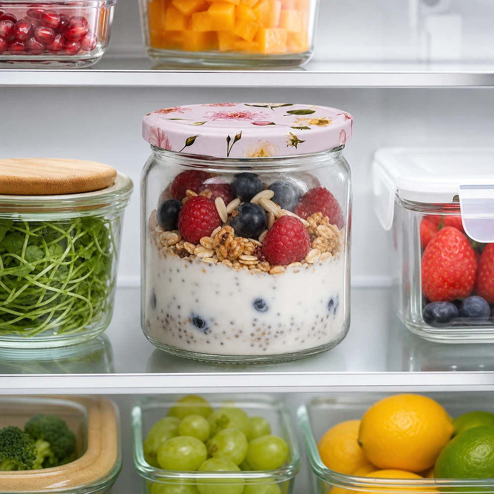 408ml Rundglas + BasicSeal Deckel Blume rosa UNiTWIST 408ml Rundglas rosa Blumendeckel BasicSeal mit Overnight Oats Beeren im Kühlschrank Meal Prep Frischhalteglas