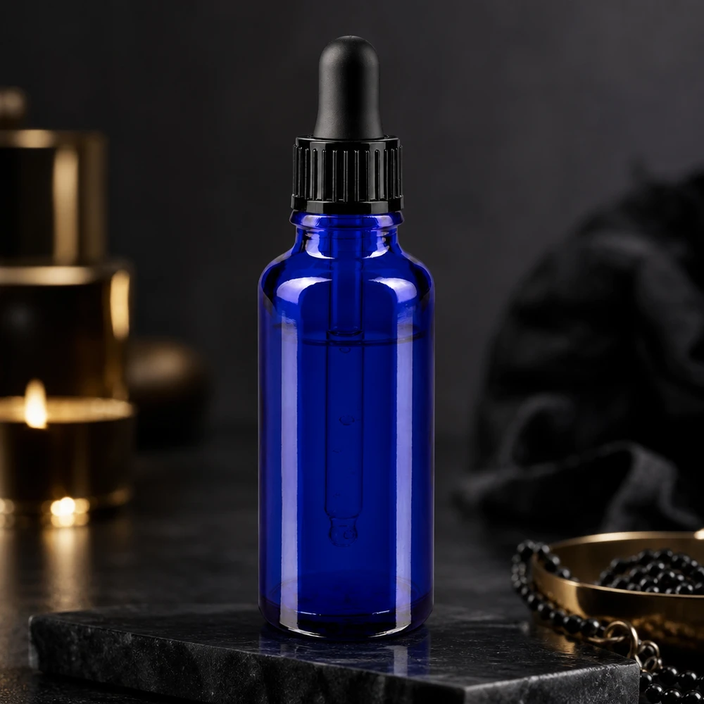 Apothekenflasche blau 30ml Schraubverschluss schwarz Standard Kleine blaue Glasflasche mit Dosierpipette schwarz auf Naturstein mit goldenen Dekoakzenten