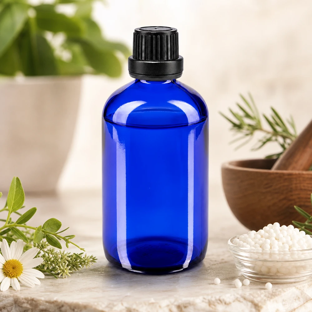 Flacon de pharmacie de 100 ml en verre bleu avec bouchon OV noir et accessoires pour herbes aromatiques