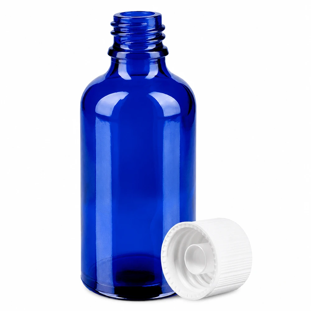 50ml Flasche 11mm Schraubverschluss weiß Standard BlueLine UT18/50 Handliche 50ml Flasche in Blau mit weissem Deckel perfekt für DIY-Kosmetik und Seren