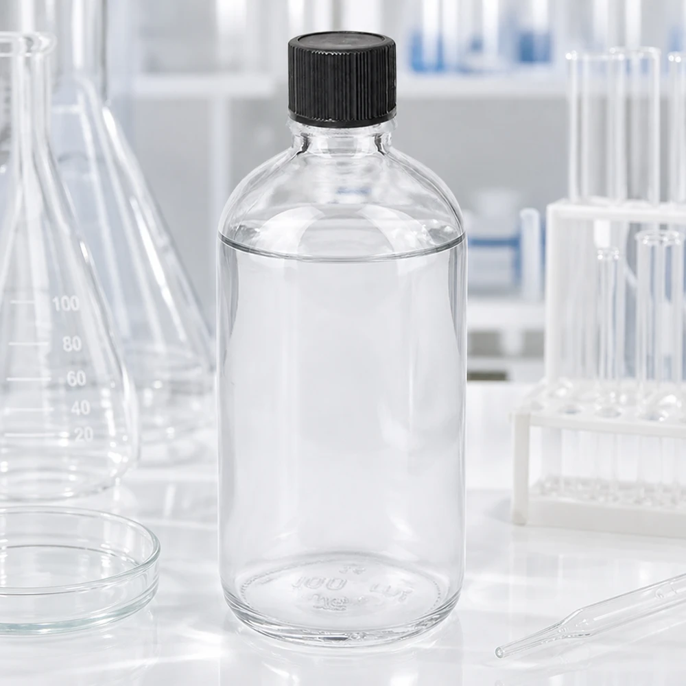 Flacone contagocce da 100 ml 1 mm nero STD ClearLine UT18/100 Ambiente di laboratorio con flacone contagocce ClearLine da 100 ml, modello STD UT18, tappo nero, apertura da 1 mm