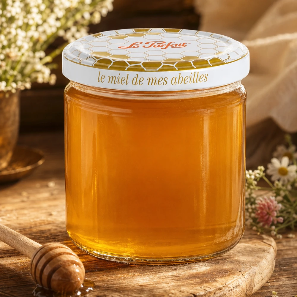 Le Parfait® vaso miele 212 ml Ø63 mm Vasetto di miele Le Parfait da 212 ml pieno di miele dorato su tavoletta di legno con cucchiaio da miele e fiori