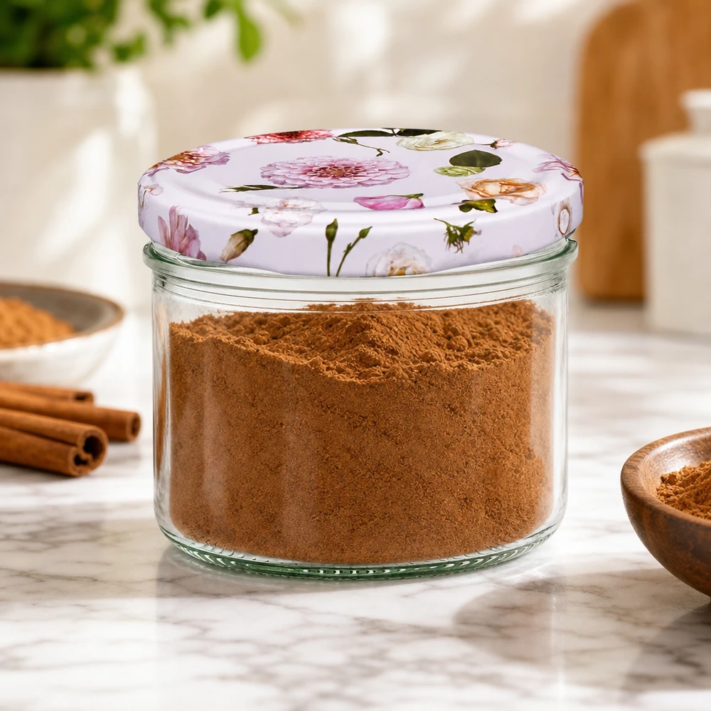 230ml Zylinderglas + BasicSeal Deckel Blume rosa Vorratsglas 230ml mit rosa Blumendeckel gefüllt mit Zimt - Gewürzaufbewahrung in der Küche mit Zimtstangen