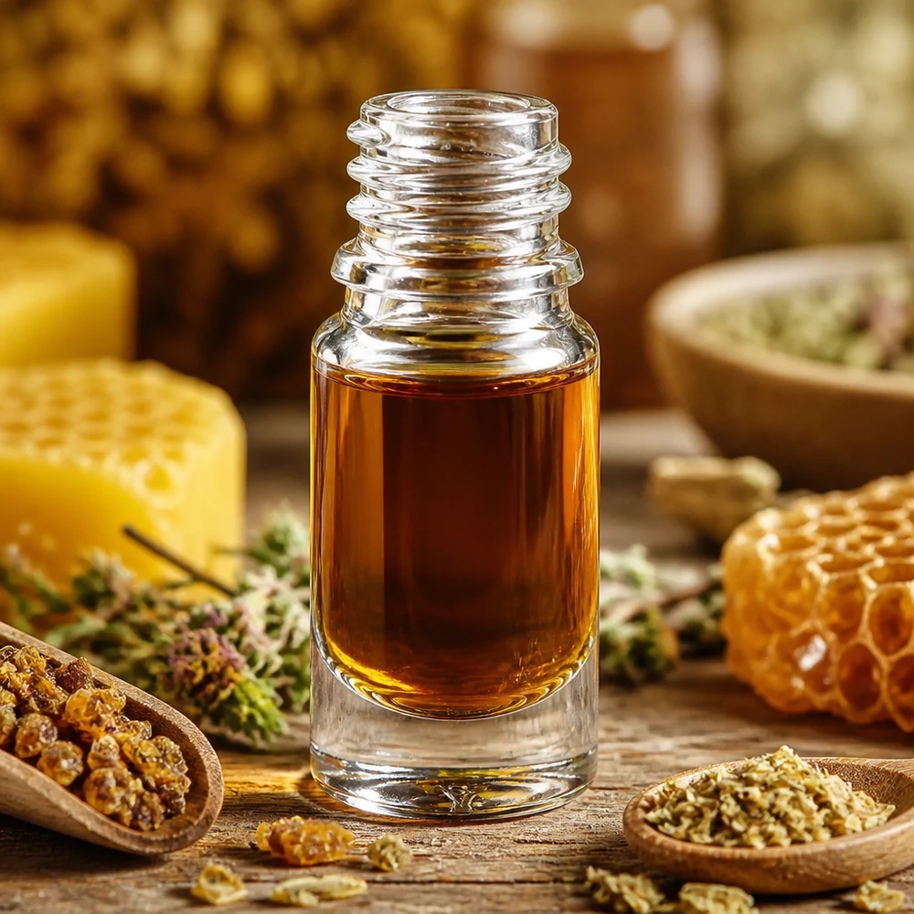 Klarglas Flasche 5ml DIN 18 5ml ApoGlas Apothekenflasche gefüllt mit goldener Essenz zwischen traditionellen Apotheker-Utensilien