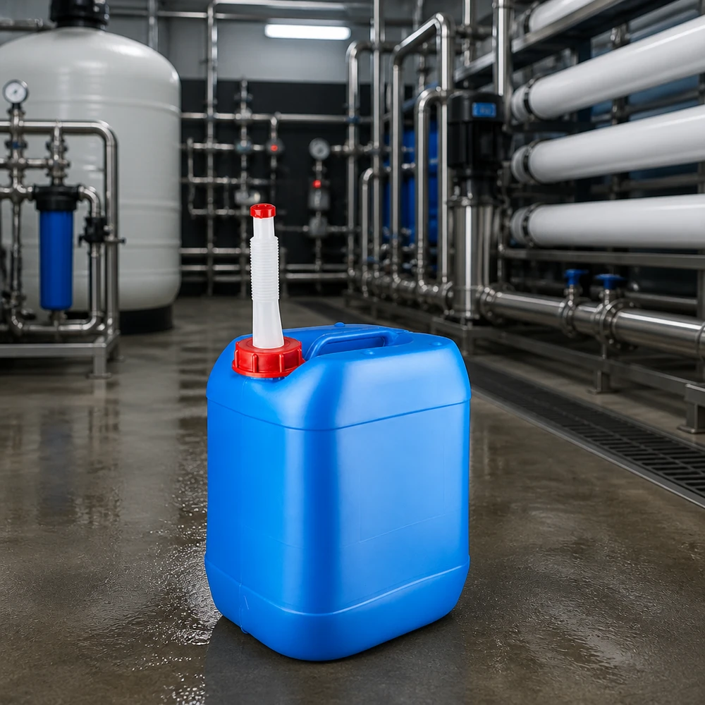Kanister 20 Liter blau mit Auslaufrohr Flex Robuster Vierkanttank 20 Liter blau mit weißem Flex-Auslaufrohr für Chemikalien