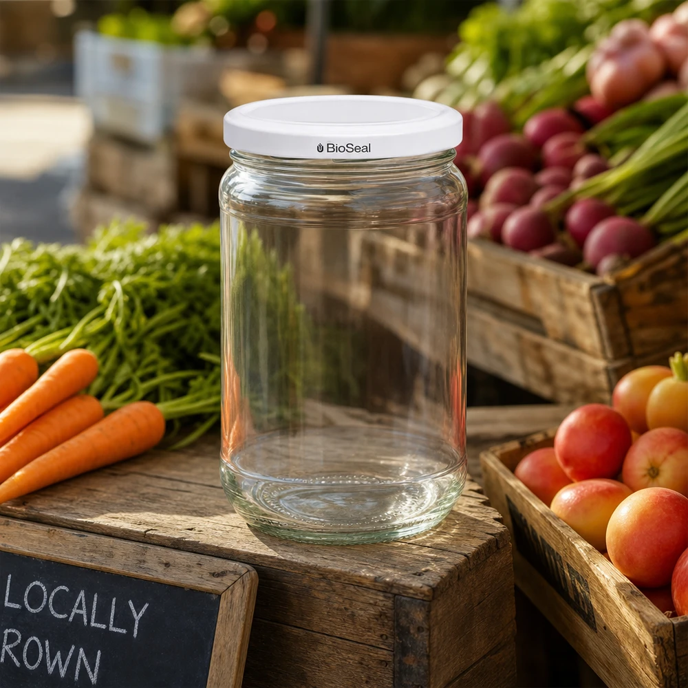 UNiTWIST Runda305 vaso per conserve su tavolo di legno con verdure fresche - perfetto per la raccolta e lo stoccaggio locali