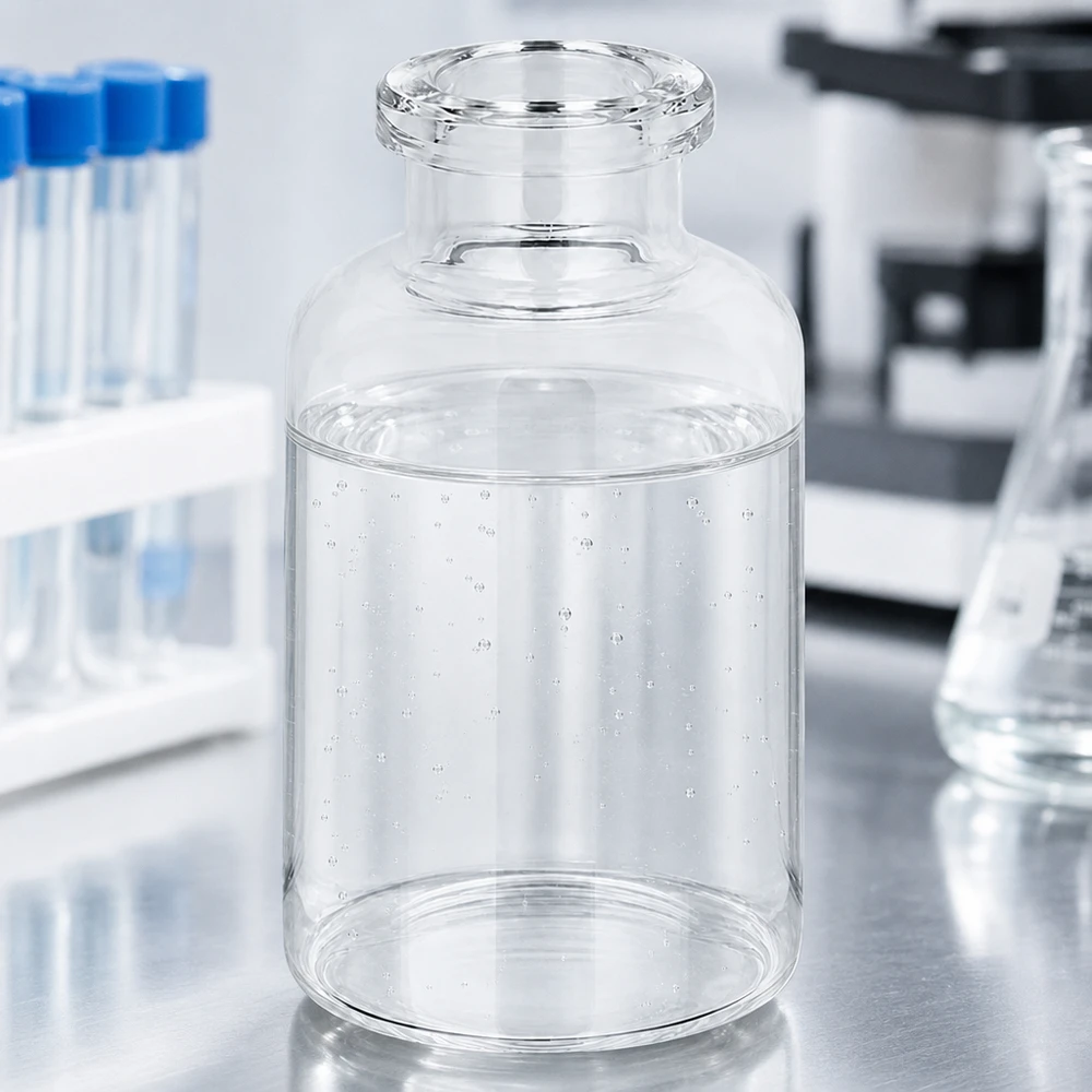 Injektionsflasche Klarglas 20ml Glasbehälter 20ml für Injektionspräparate mit Mikroskop und Reagenzgläsern im Hintergrund
