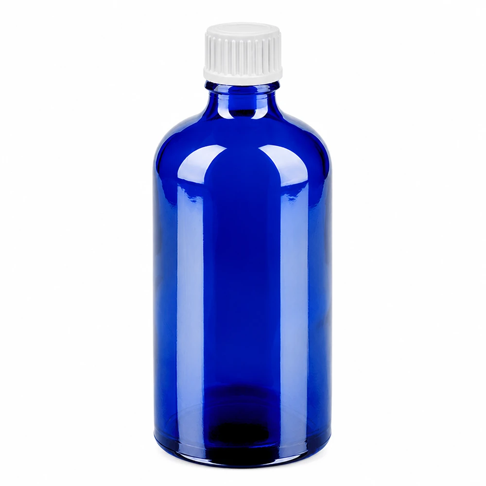 100ml flacon compte-gouttes 0.9mm blanc STD BlueLine UT18/100 Flacon en verre bleu de 100 ml avec bouchon compte-gouttes blanc pour l'aromathérapie et les cosmétiques