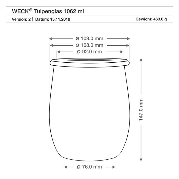 Vaso per tulipani da 1062 ml WECK RR100 con sughero naturale WECK vaso a tulipano RR100 1062ml disegno tecnico con dimensioni diametro altezza 147mm peso 463g specifiche