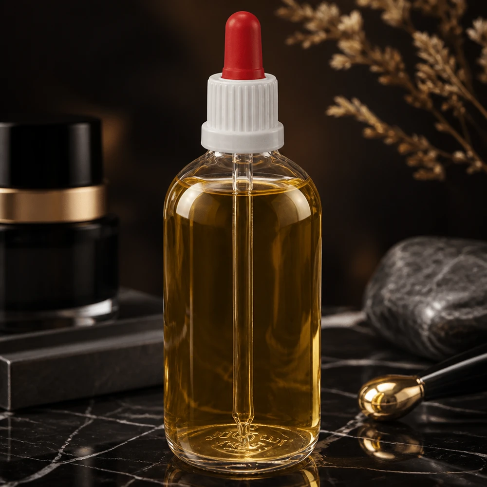 Olio color oro in un flacone di vetro ClearLine da 100 ml con tappo a pipetta bianco e pallina di gomma rossa
