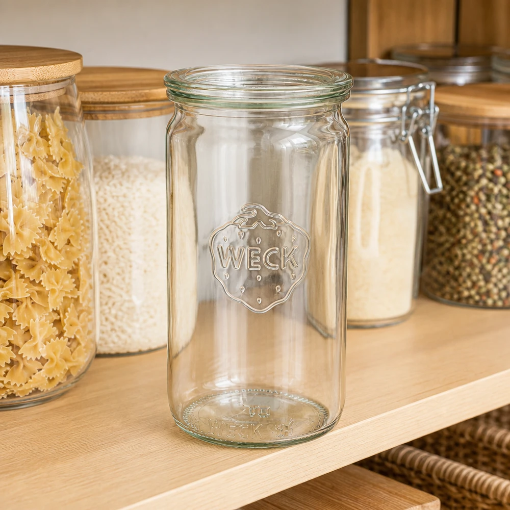 Vaso cilindrico WECK 340ml RR60 vuoto sul ripiano accanto a vasi pieni di pasta e spezie Organizzazione della cucina
